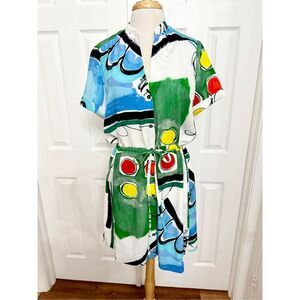 Indies Topaze Printed Short Sleeve Button Front‎ Tie Waist Shirtdress Dress 40 6